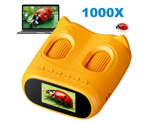 Дитячий цифровий мікроскоп 2 в 1 з біноклем, 1000x, HD 1080P, екран 2,0 дюйма, жовтий