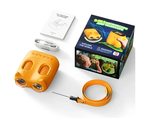 Дитячий цифровий мікроскоп 2 в 1 з біноклем, 1000x, HD 1080P, екран 2,0 дюйма, жовтий