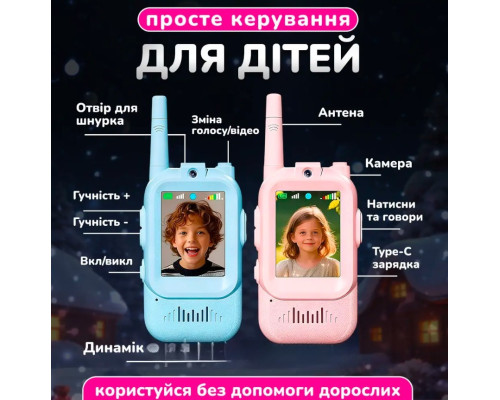 Дитяча відео-рація 300 м на акумуляторі, USB-зарядка, набір 2 шт. (рожевий і синій)
