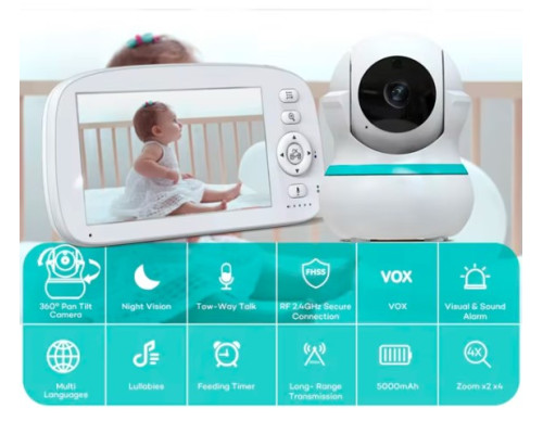 Відеоняня Baby Monitor 5" – двосторонній зв’язок, 360° огляд, режим VOX, автономна батарея 5000 мА·год