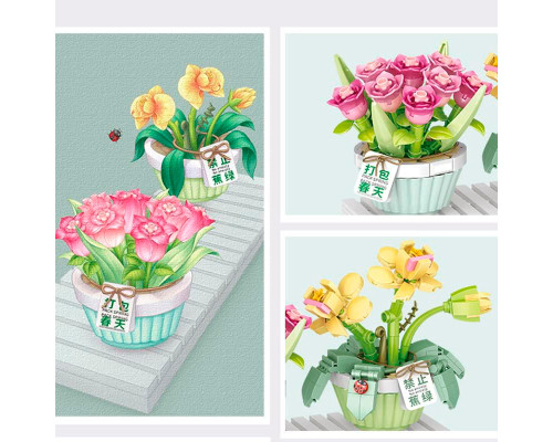 3D конструктор набор строительных блоков LOZ 1673 мини роза тюльпан в горшке 409 деталей пластиковый