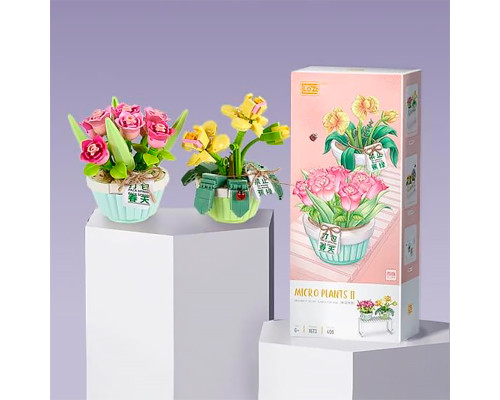 3D конструктор набор строительных блоков LOZ 1673 мини роза тюльпан в горшке 409 деталей пластиковый