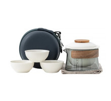 Дорожный чайный набор HR-068 заварник 240 ml стеклянный + 3 пиалы с чехлом White