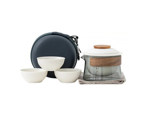 Дорожный чайный набор HR-068 заварник 240 ml стеклянный + 3 пиалы с чехлом White