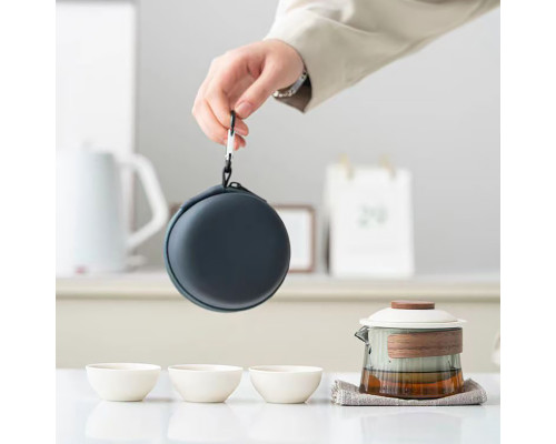 Дорожный чайный набор HR-068 заварник 240 ml стеклянный + 3 пиалы с чехлом White