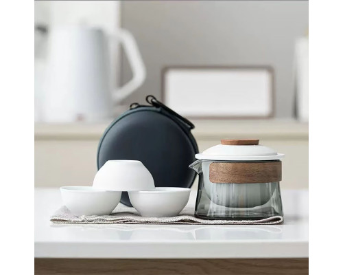 Дорожный чайный набор HR-068 заварник 240 ml стеклянный + 3 пиалы с чехлом White