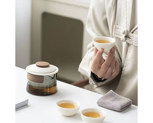 Дорожный чайный набор HR-068 заварник 240 ml стеклянный + 3 пиалы с чехлом White