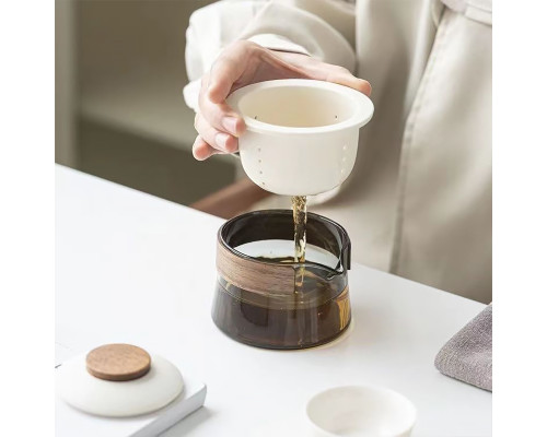 Дорожный чайный набор HR-068 заварник 240 ml стеклянный + 3 пиалы с чехлом White