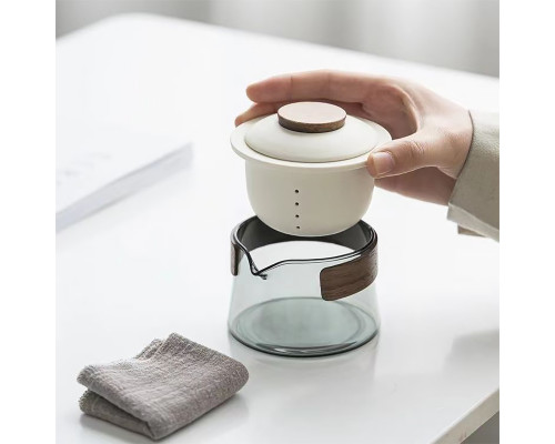 Дорожный чайный набор HR-068 заварник 240 ml стеклянный + 3 пиалы с чехлом White