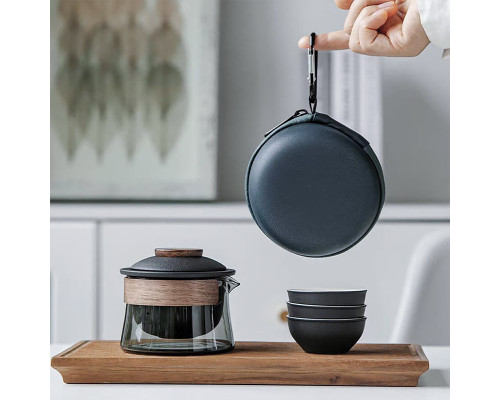 Дорожный чайный набор HR-068 заварник 240 ml стеклянный + 3 пиалы с чехлом Black