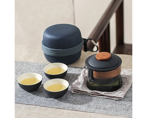 Дорожный чайный набор HR-068 заварник 240 ml стеклянный + 3 пиалы с чехлом Black