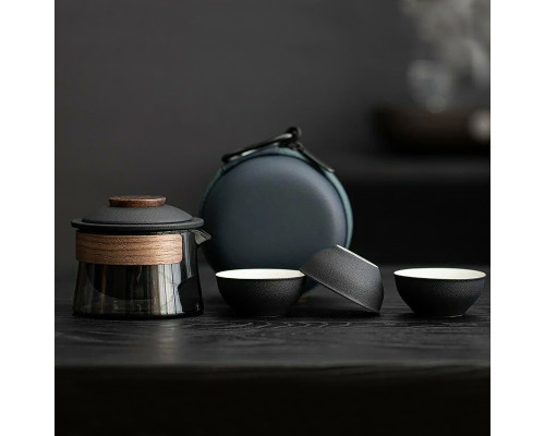 Дорожный чайный набор HR-068 заварник 240 ml стеклянный + 3 пиалы с чехлом Black