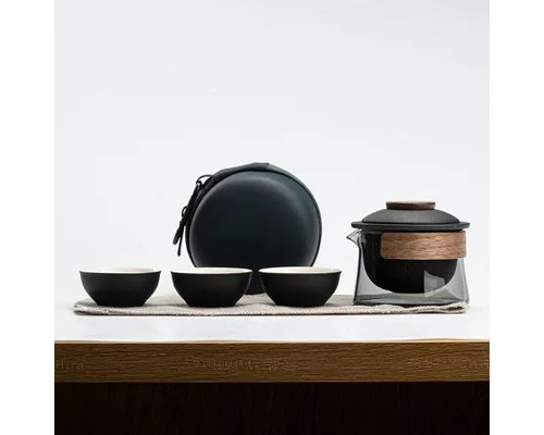 Дорожный чайный набор HR-068 заварник 240 ml стеклянный + 3 пиалы с чехлом Black