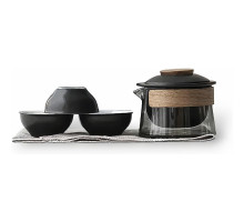 Дорожный чайный набор HR-068 заварник 240 ml стеклянный + 3 пиалы с чехлом Black