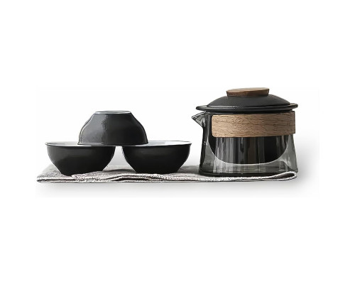 Дорожный чайный набор HR-068 заварник 240 ml стеклянный + 3 пиалы с чехлом Black