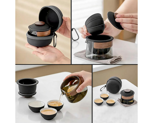 Дорожный чайный набор HR-068 заварник 240 ml стеклянный + 3 пиалы с чехлом Black