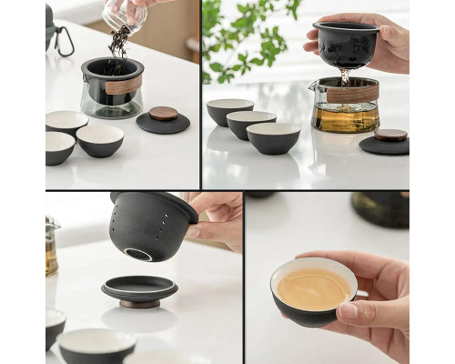 Дорожный чайный набор HR-068 заварник 240 ml стеклянный + 3 пиалы с чехлом Black