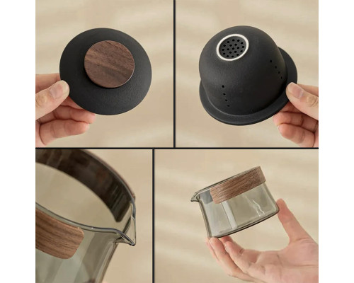 Дорожный чайный набор HR-068 заварник 240 ml стеклянный + 3 пиалы с чехлом Black