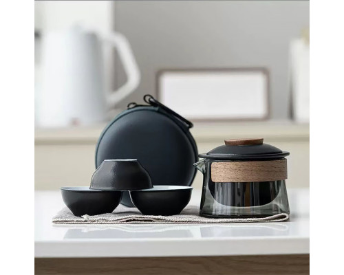 Дорожный чайный набор HR-068 заварник 240 ml стеклянный + 3 пиалы с чехлом Black