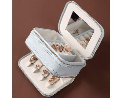 Шкатулка Casegrace SP-01167 для украшений и ювелирных изделий портативная с зеркалом и двойной молнией 11,5*8,5*5 см Blue