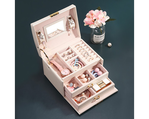 Шкатулка Casegrace SP-01111 для украшений и ювелирных изделий трехуровневая с зеркалом Pink