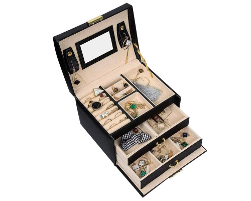 Шкатулка Casegrace SP-01111 для украшений и ювелирных изделий трехуровневая с зеркалом Black