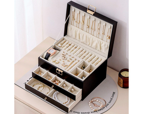 Шкатулка Casegrace SP-01265 для украшений и ювелирных изделий трехуровневая на замке с ключом 23*17*13,5 см Black