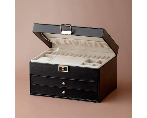 Шкатулка Casegrace SP-01265 для украшений и ювелирных изделий трехуровневая на замке с ключом 23*17*13,5 см Black