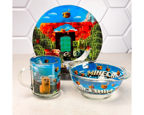Набір посуду для дітей 3 предмети Minecraft (Майнкрафт), дитячий посуд Склокераміка