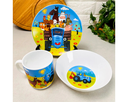 Подарунковий набір посуду  Синій Трактор (склокераміка), дитячий посуд