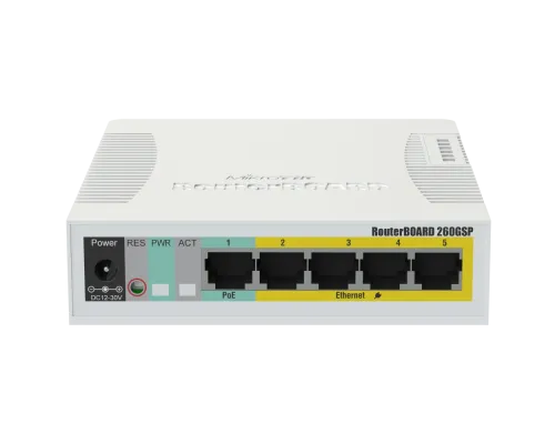 Комутатор 5 портів керований MikroTik RB260GSP (CSS106-1G-4P-1S) PoE Комутатор 5 портів керований MikroTik RB260GSP (CSS106-1G-4P-1S) PoE