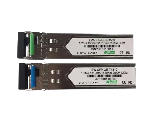 Модуль SFP (комплект 2шт) Ewind EW-SFP-GE-T1310 / EW-SFP-GE-R1550 1.25G, Single-mode single Fiber, 20km, LC connector, Tx1310/Rx1550nm : 1310nm is transmitter,1550nm is receiver Модуль SFP (комплект 2шт) Ewind EW-SFP-GE-T1310 / EW-SFP-GE-R1550 1.25G, Single-mode single Fiber, 20km, LC connector, Tx1310/Rx1550nm : 1310nm is transmitter,1550nm is receiver