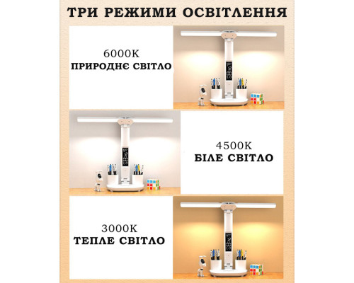 Светодиодная настольная лампа на аккумуляторе Double двойная многофункциональная с календарем и термометром