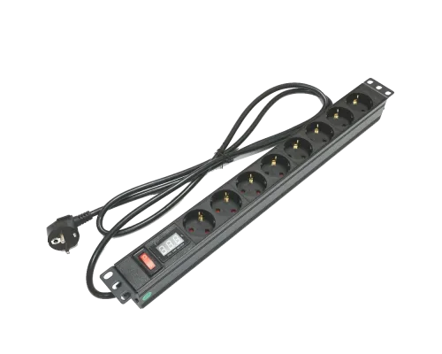 Блок 19" на 8 роз. нем. станд., 16А, 1U, с выключателем и амперметром